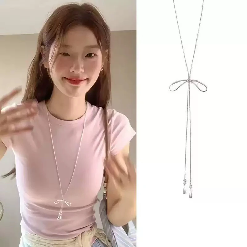 铜合金吊坠 1117 蝴蝶结抽拉项链女简约ins冷淡风长款韩系