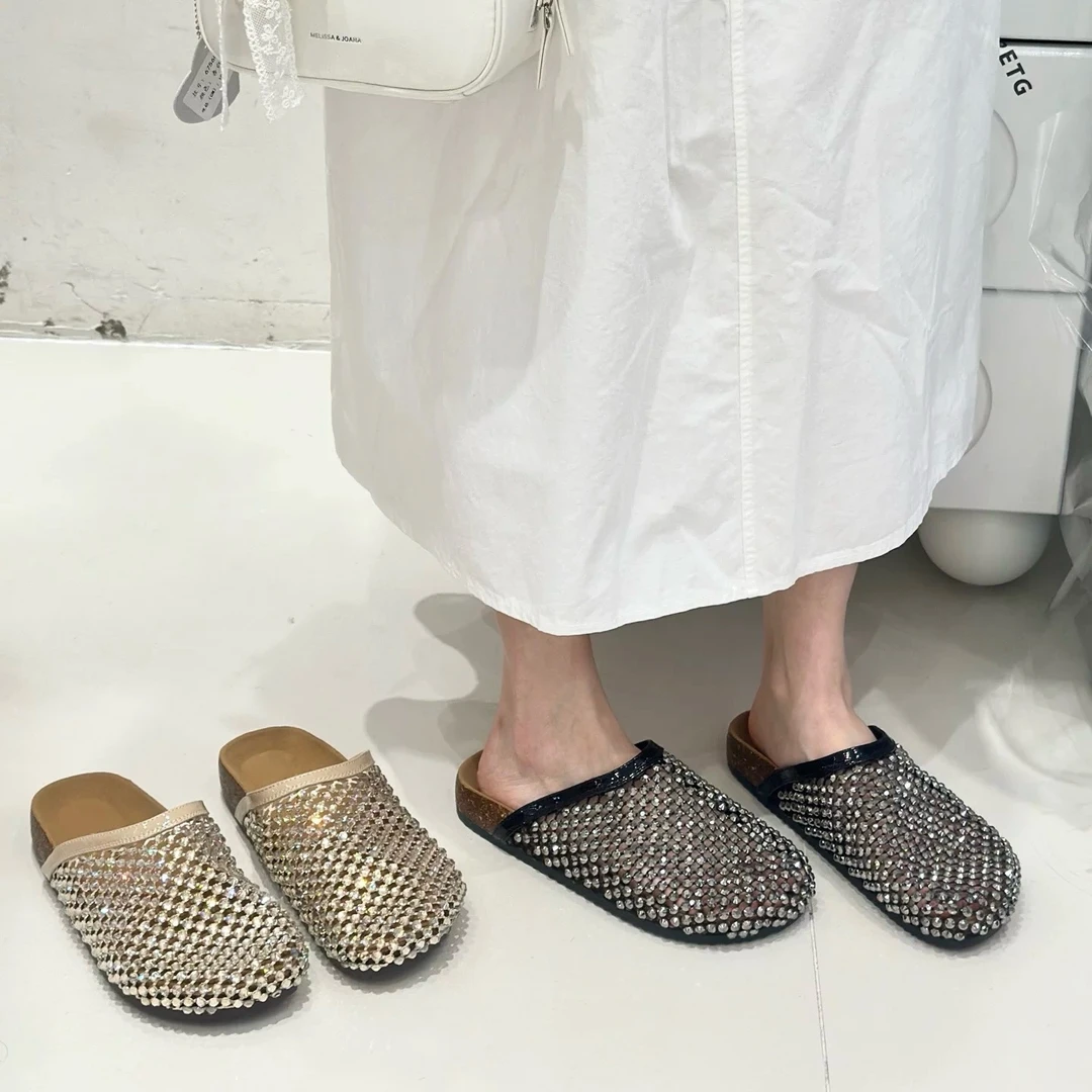 水钻网纱小众度假风法式编织一脚蹬穆勒半拖S825