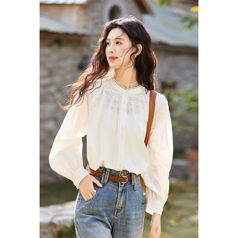 【女装优选WL】谜秀春季立领镂空刺绣娃娃款长袖衬衫MXE12X1701