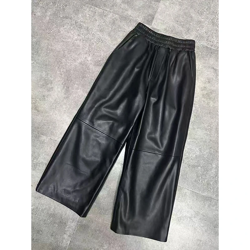 【佩妘】冬装新款时尚高腰休闲女裤百搭女士直筒阔腿复古皮裤