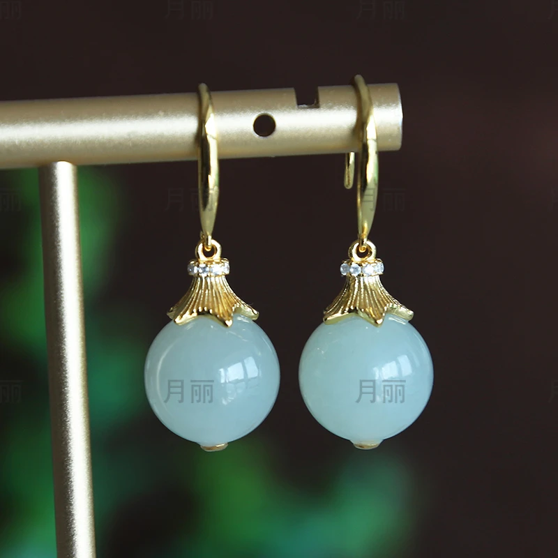 【灵璞】 天然正品和田玉圆珠耳钩925银女 简约气质百搭配证书礼物