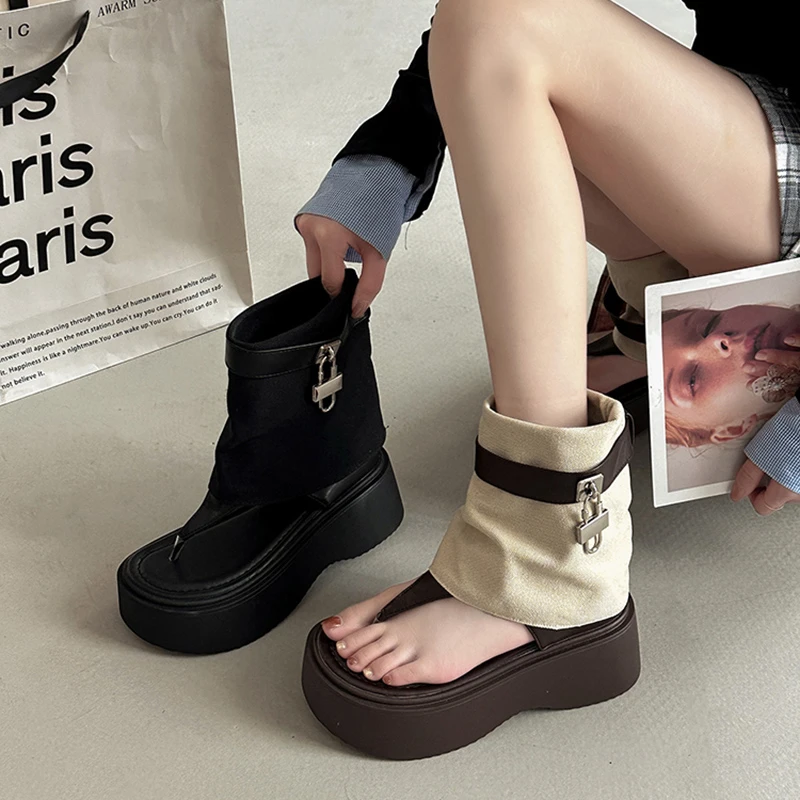OJRZ百搭休闲厚底增高夹趾凉靴女2025年夏季舒适裤管靴罗马凉鞋