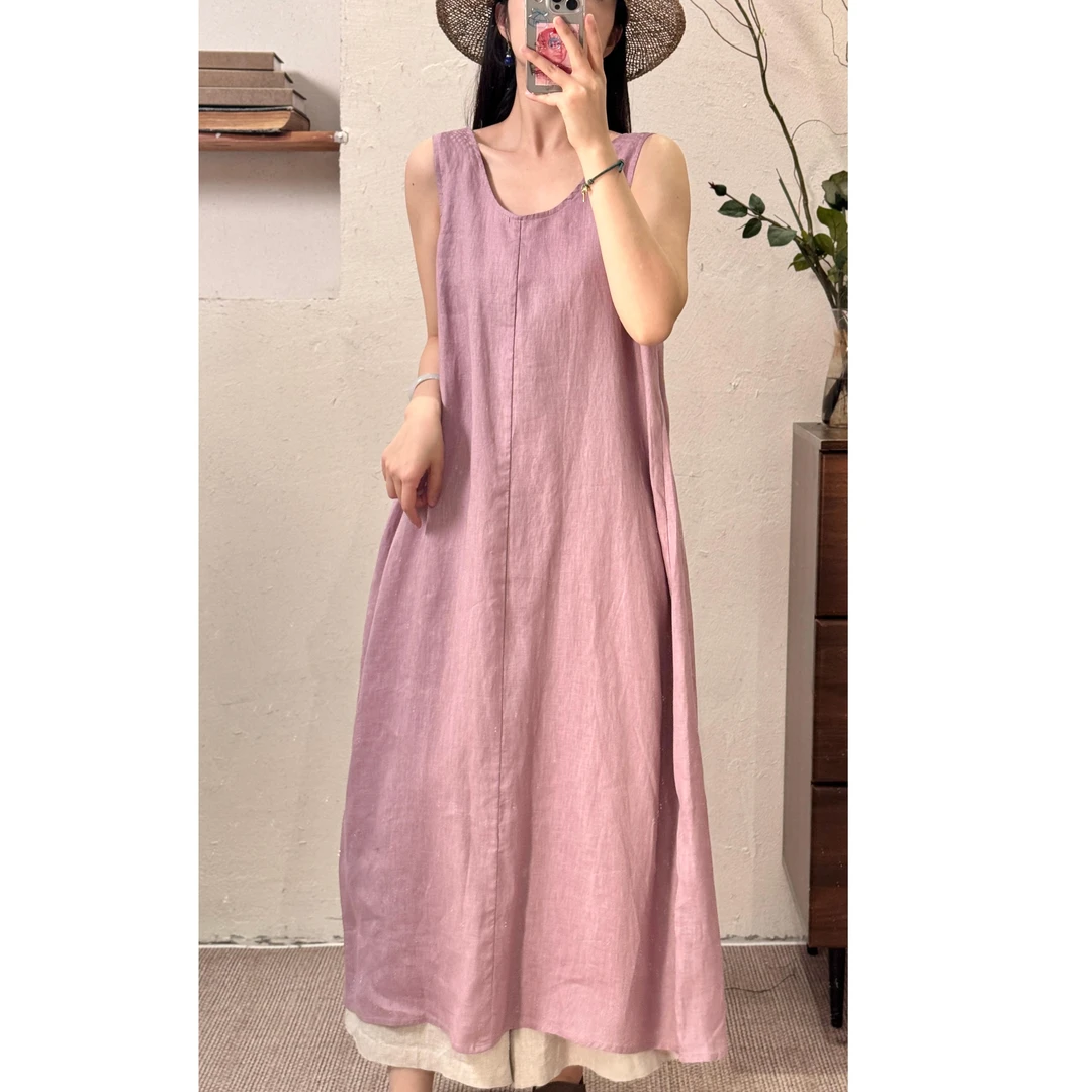 半自由原创设计圆领优雅气质百搭休闲亚麻简约文艺风无袖连衣裙
