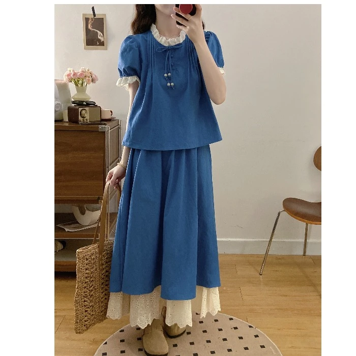 蕾丝拼接新中式牛仔短袖衬衫+半身裙女夏套装复古两件套