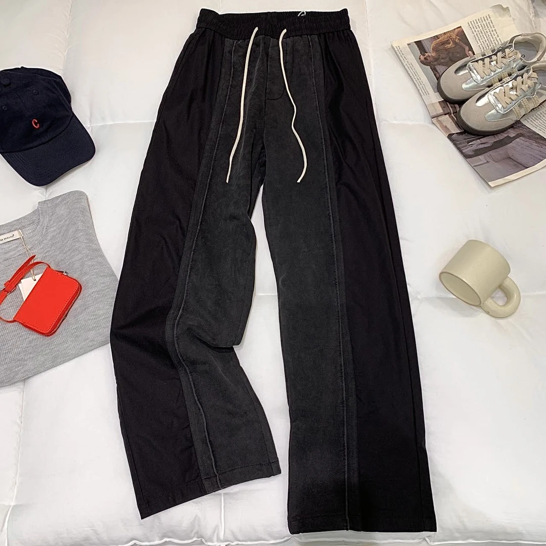 H32宽松休闲裤女2025春新款松紧高腰设计感拼接阔腿裤直筒长裤子