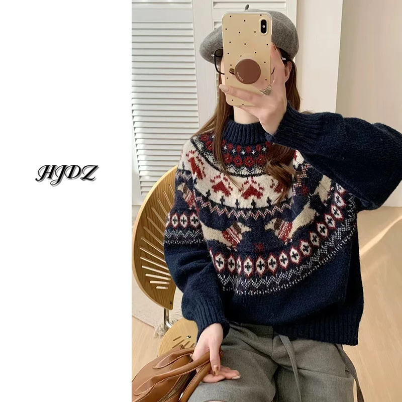 费尔岛复古提花设计感拉链毛衣女秋冬保暖上衣套头针织衫慵懒风