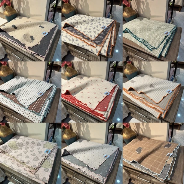 纯棉韩系撞色曲边设计床盖四季纱布床盖毯可铺可盖