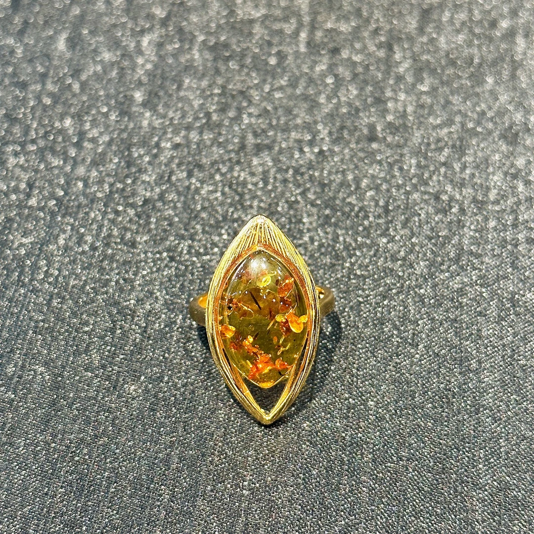 【壹芳珠宝】天然原矿琥珀花珀S925银镶嵌戒指