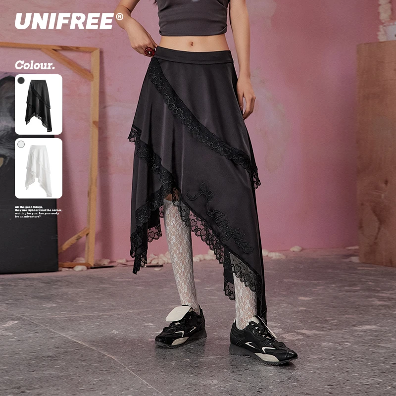蕾丝拼接不对称半身裙大码女装芭蕾风小众千金风长裙