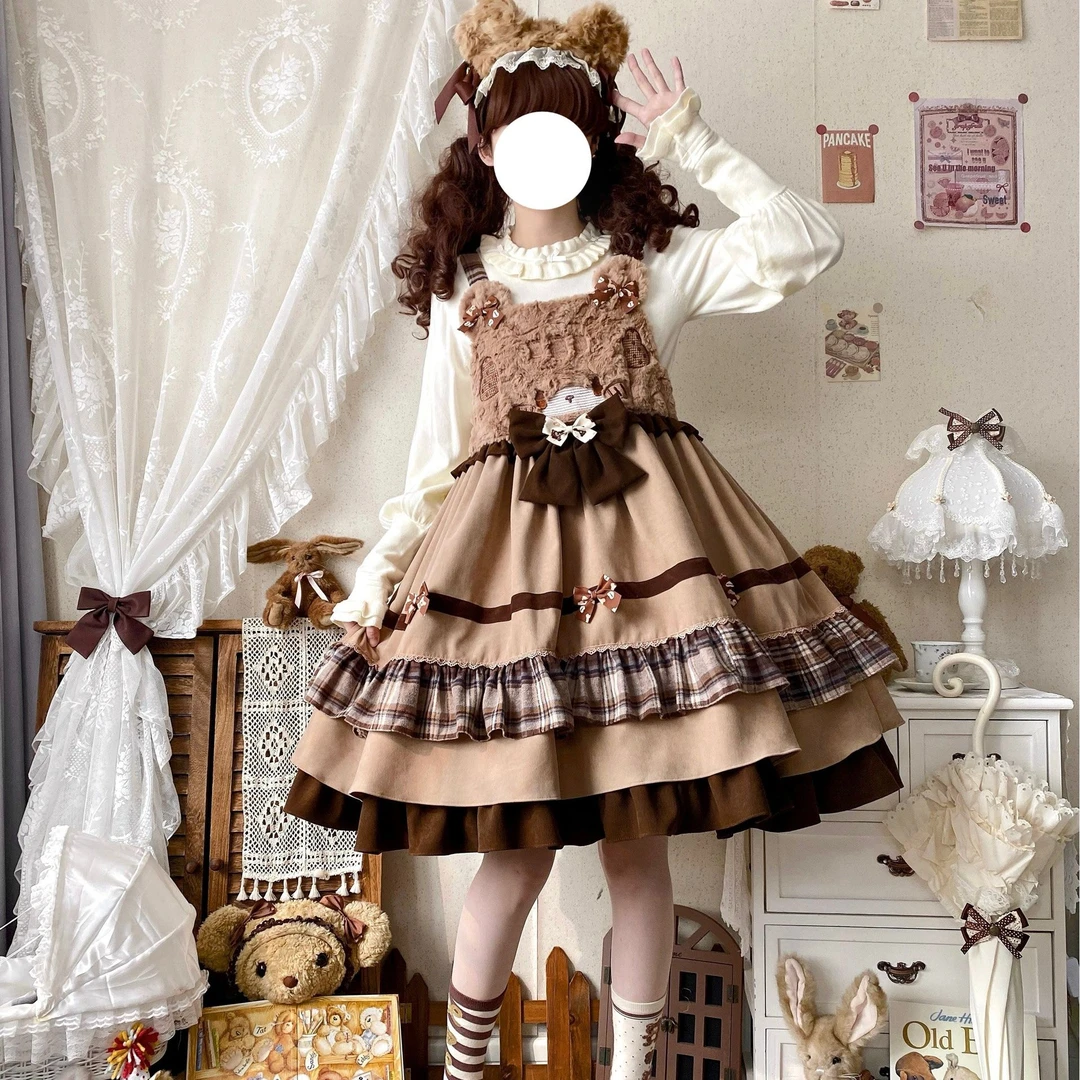 【小熊糕】春秋lolita磨毛可爱背带蝴蝶结小熊大摆jsk全款直接拍