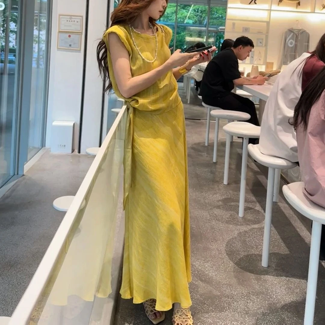 时尚纯色条纹优雅宽松上衣显瘦半身裙套装夏季法式温柔减龄两件套