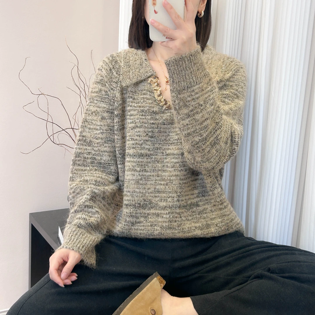 POLO领编织项链花纱长袖针织打底衫秋冬季新款上衣宽松韩版毛衣女