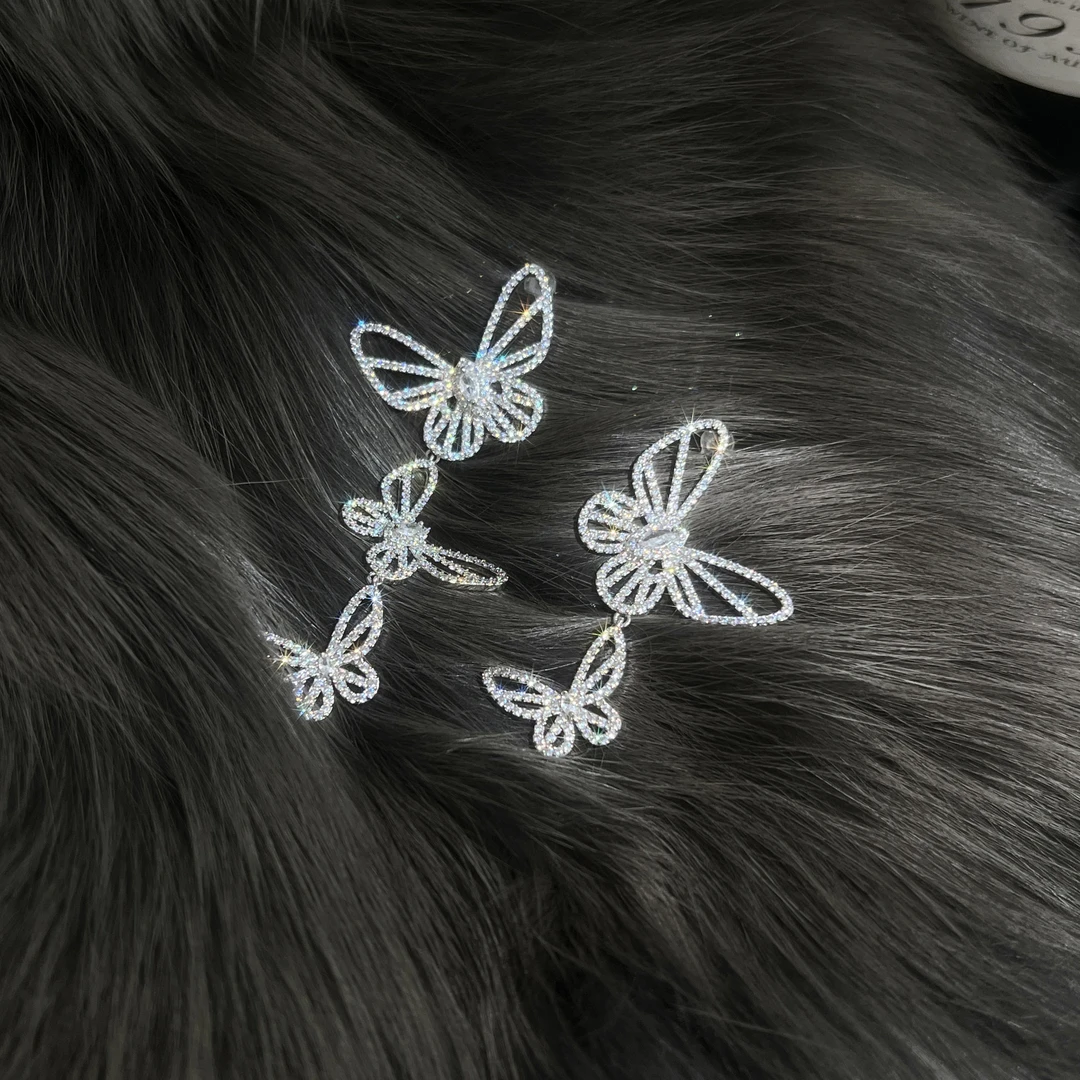 铜合金锆石耳饰 超仙不对称蝴蝶流苏耳环女高级感气质优雅耳钉