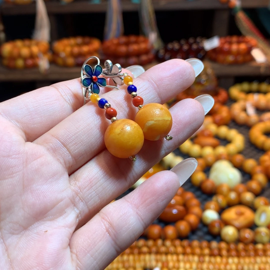 【闪购商品】琥珀银S925镶嵌耳饰心**喧蜜蜡