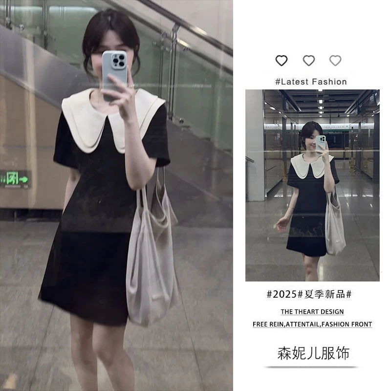 韩系穿搭2025夏季新款女减龄高级感娃娃领短袖连衣裙百搭显瘦短裙