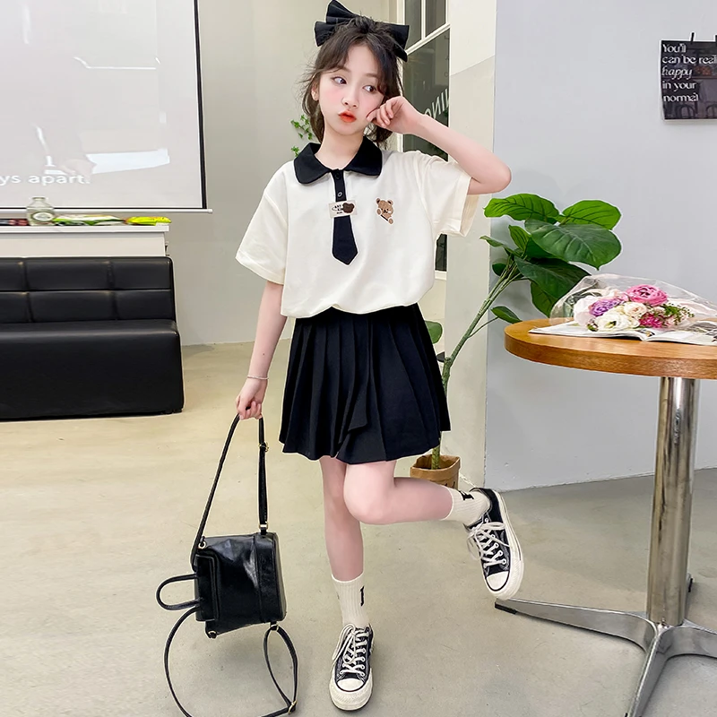 女童夏装小熊学院风Polo领套装2025新款6-12岁15岁小女孩两件套潮