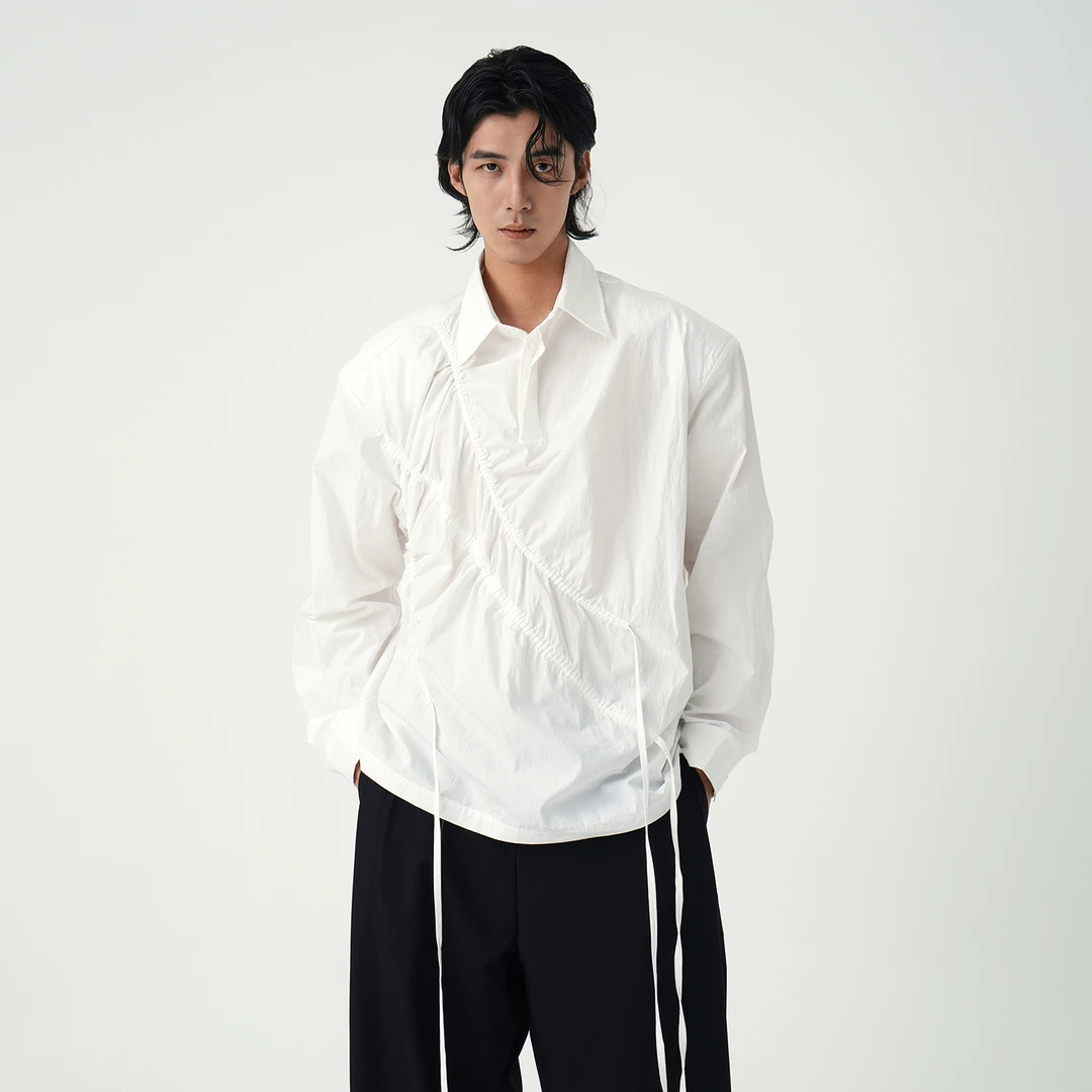 INTERLINKED春季纯色宫廷褶皱设计翻领抽绳衬衫轻奢上衣高级感