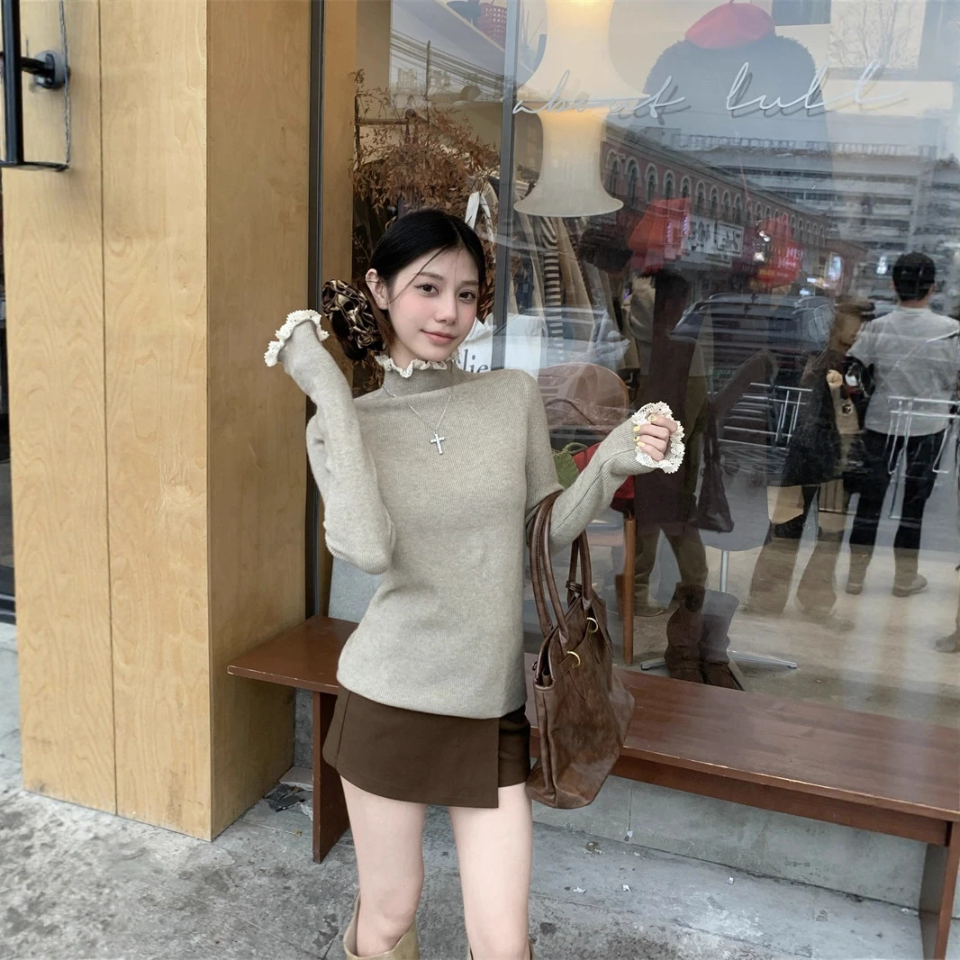 实拍2025冬季女式蕾丝半高领针织毛衣打底衫女秋冬内搭上衣女