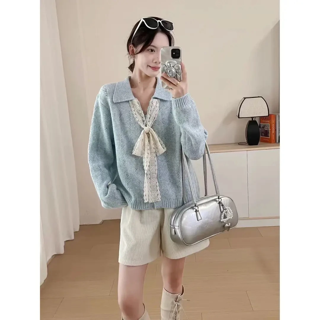 设计感气质系带蝴蝶结V领混纺毛衣开衫洋气减龄秋季针织衫女