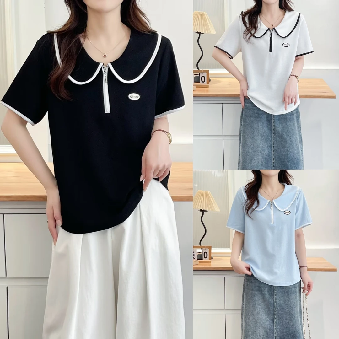 HUIZHIMEI/绘智美大码夏季新款洋气显瘦小香风娃娃领减龄短袖t恤