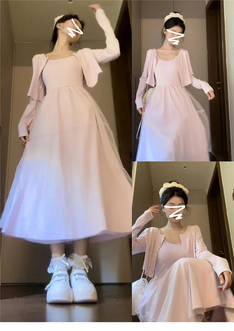 法式粉色吊带连衣裙子女早春季2025年新款韩系穿搭一整套装长裙