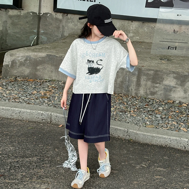 女童夏套装2025新款洋气时髦大童短袖T恤儿童夏日穿搭牛仔短裤潮
