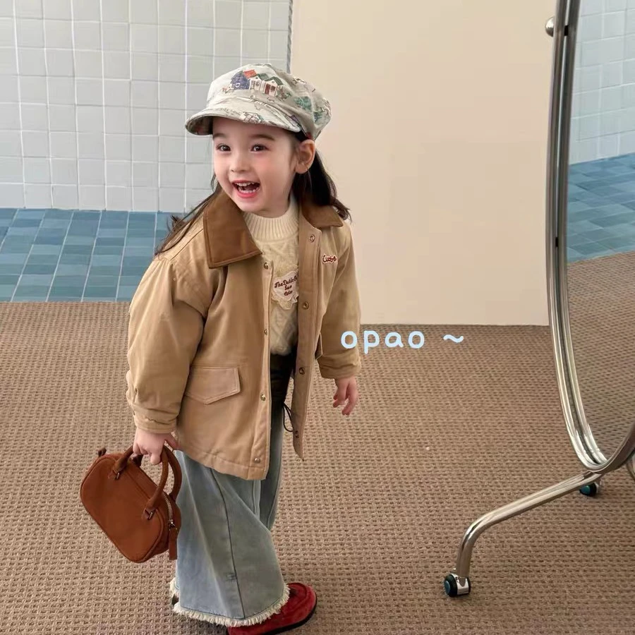 女童外套25新款儿童冬装洋气衣服女孩韩版翻领夹棉棉服小童牛仔裤