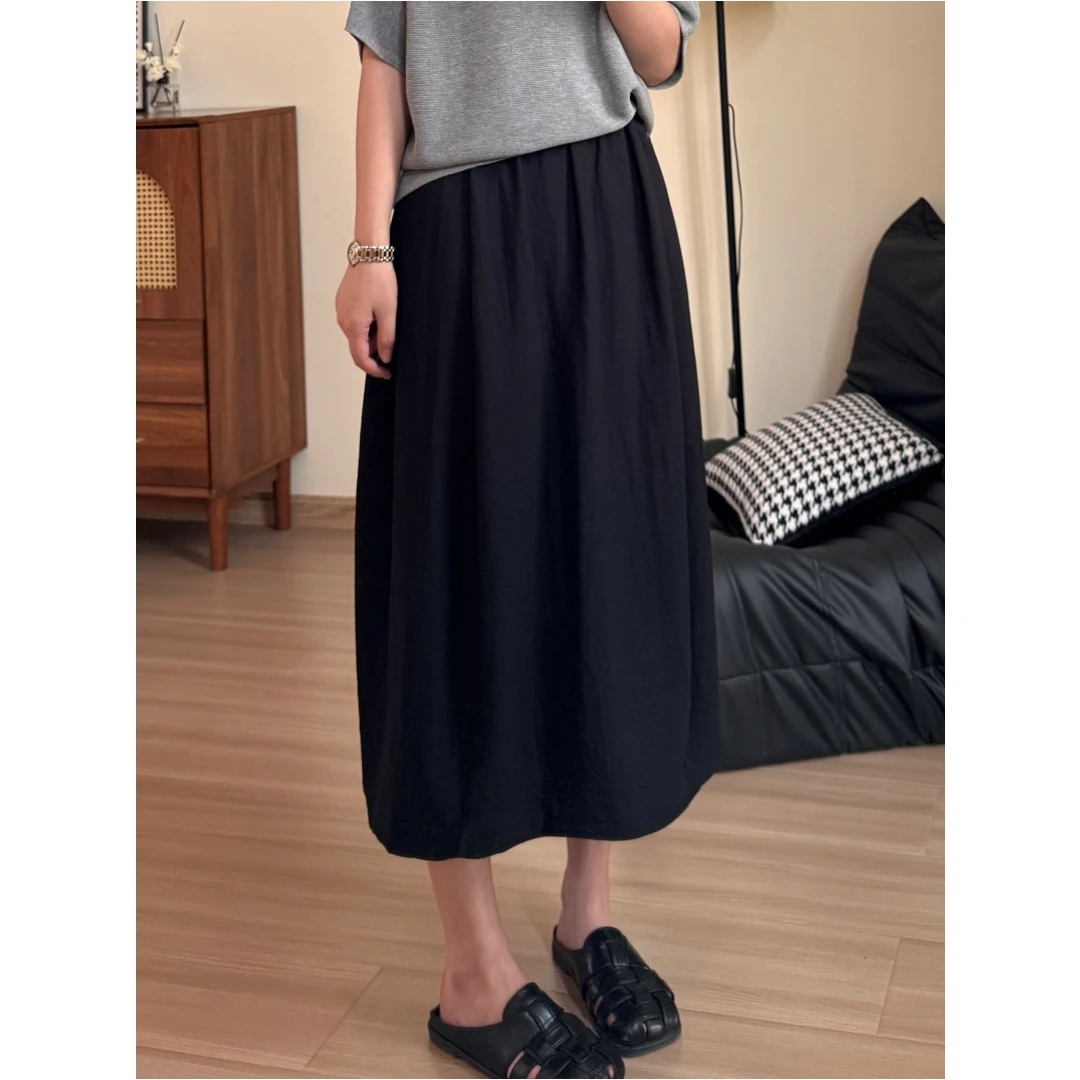 「旧时光」简约复古百搭显瘦后开叉亚麻花苞半身裙Q0379