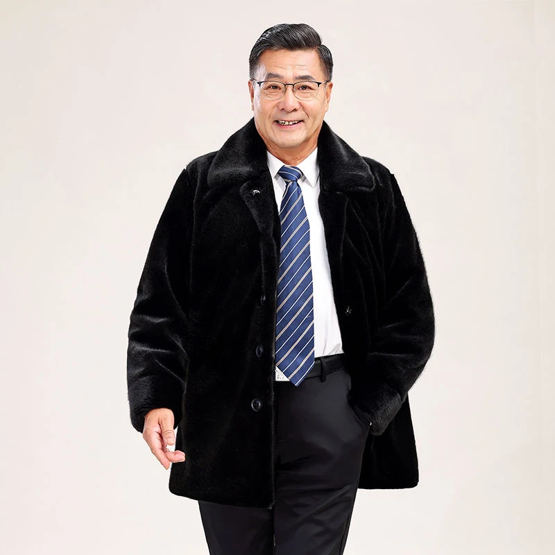 冬季新款老年貂皮大衣大码休闲中长款加厚翻领貂绒爸爸装宽松外套