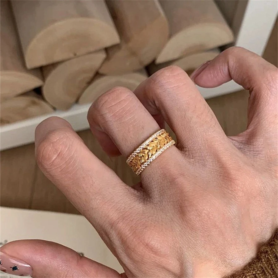 铜合金锆石戒指 编织麦穗雕刻拉丝戒指女小众轻奢高级感开口指环