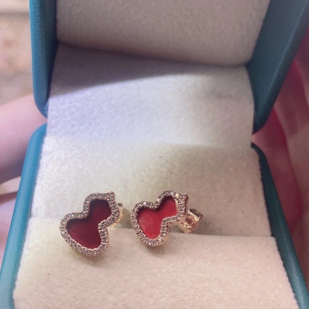 钻石耳饰18K金镶嵌红玛瑙葫芦耳钉k玫