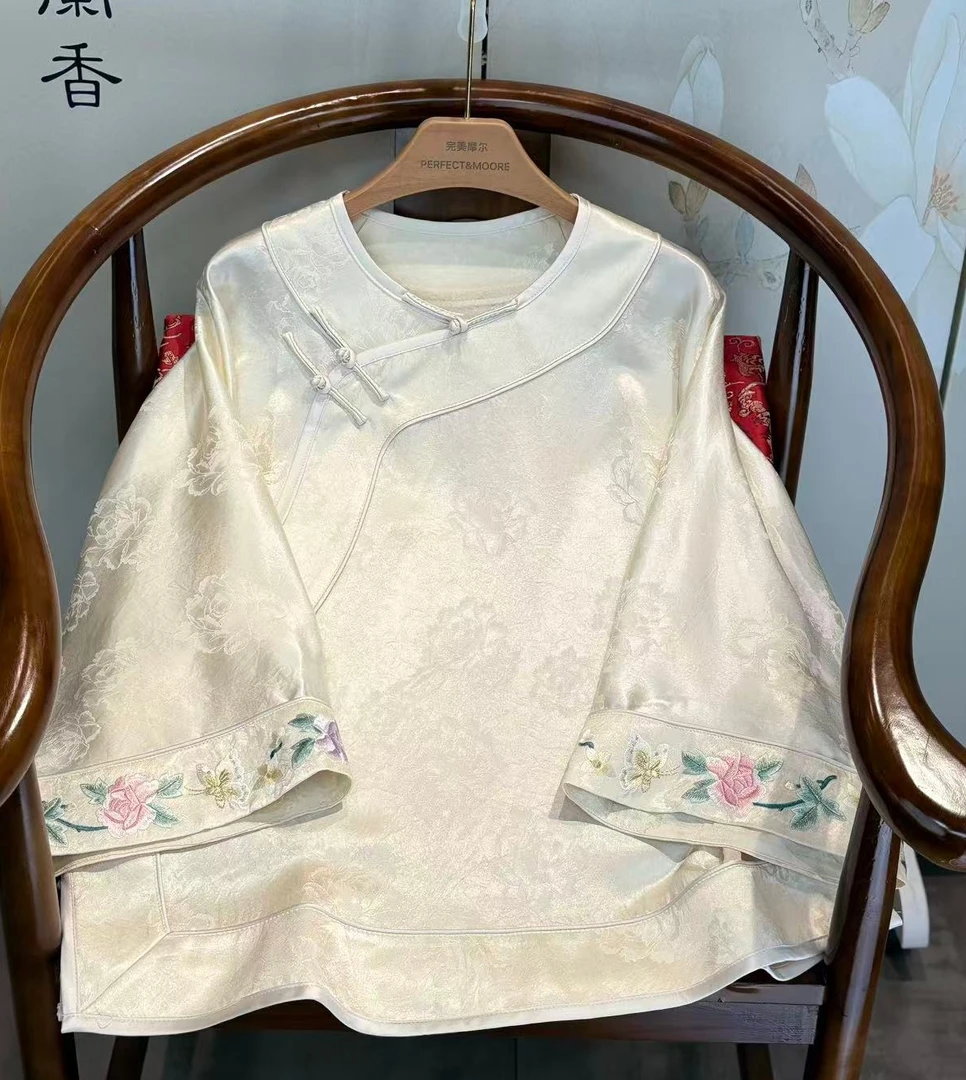 南油高货新中式国风太太服重磅醋酸雕花打底上衣女外套