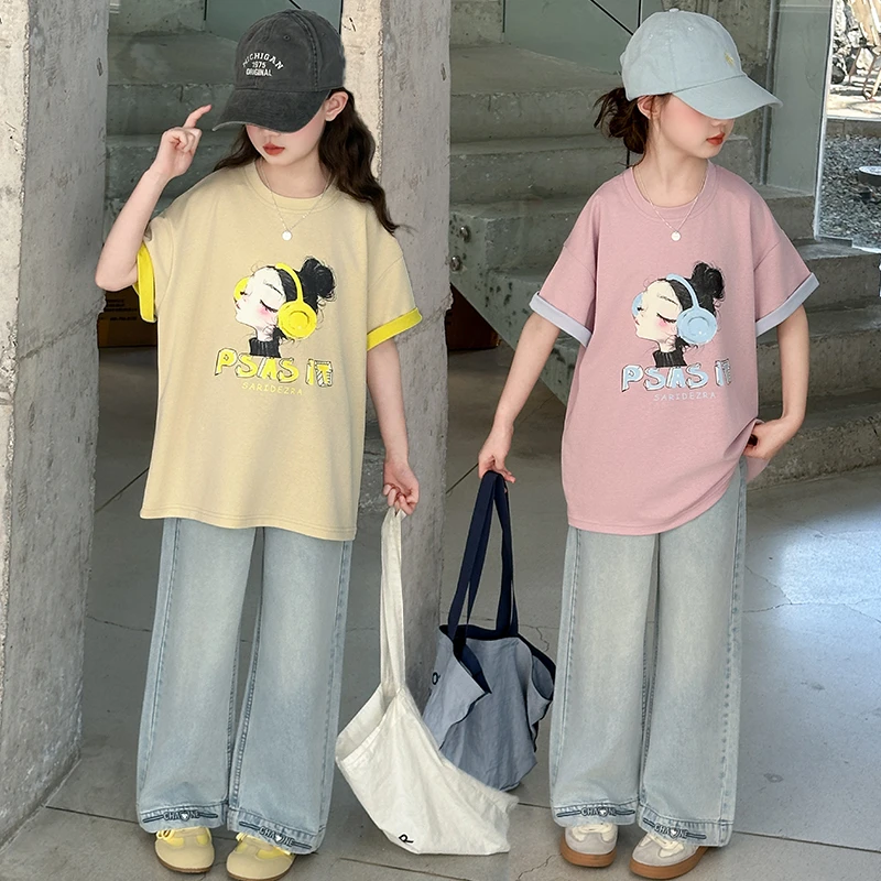 女童短袖t恤2025新款夏装套装大童夏款卡通T上衣女孩儿童夏季衣服