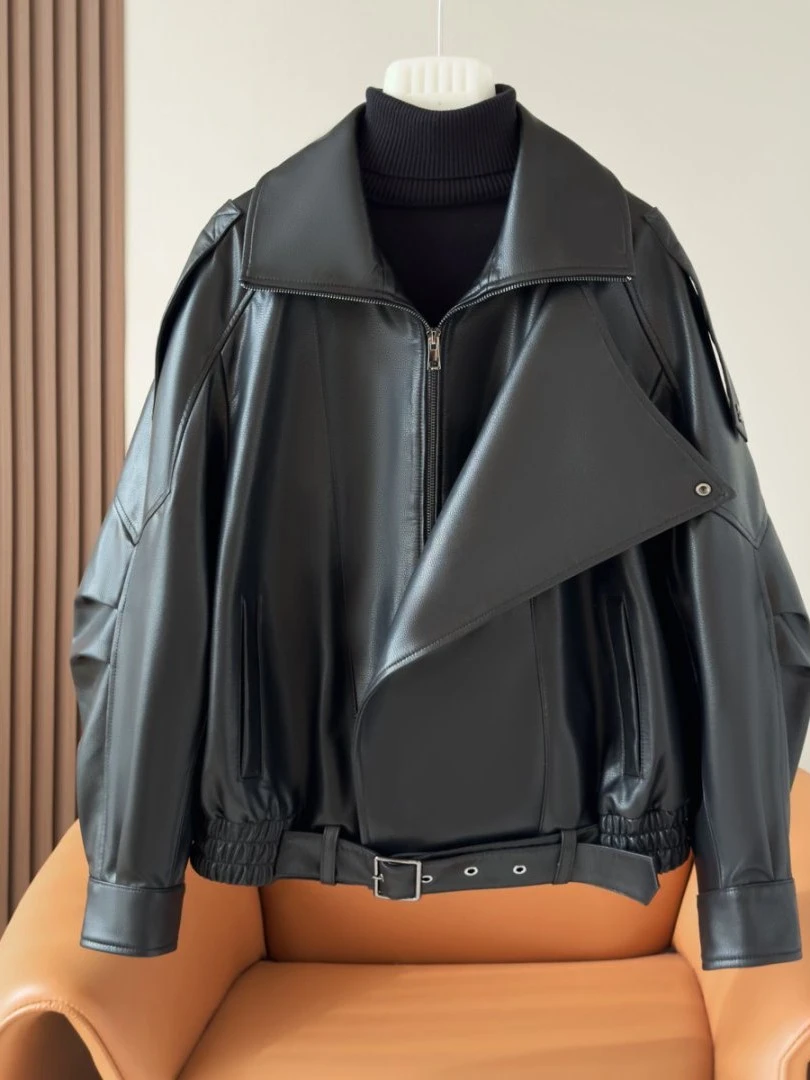 海宁真皮YD88613绵羊皮夹克秋冬季宽松时尚机车外套