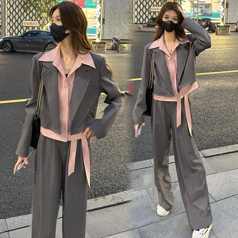 2025新款春季休闲时尚假两件西装套装女高级感阔腿裤三件套