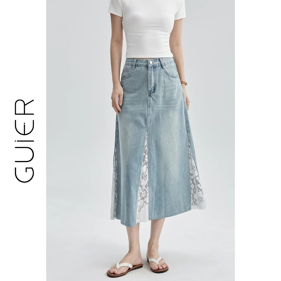 【GUIER】2025显瘦百搭蕾丝边牛仔裙A字长裙G6233