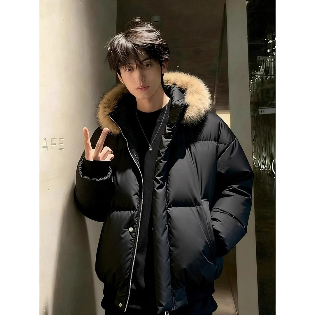 美式可拆卸毛领羽绒棉服男款冬季短款pu皮棉衣外套cleanfit派克服