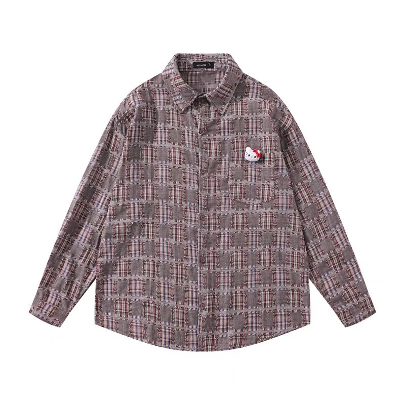 五彩斑斓拼接撞色立体猫咪翻领长袖情侣