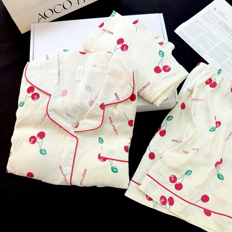 睡衣女夏季带胸垫薄款短袖短裤长裤云朵绵甜美樱桃款三件套家居服