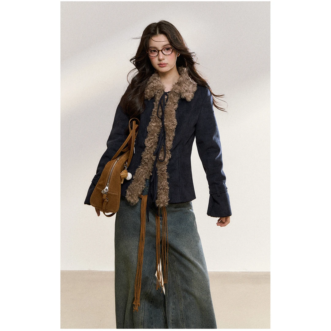 溪溪靓衫秋冬款辣妹气质高级感修身短外套复古毛领夹克上衣