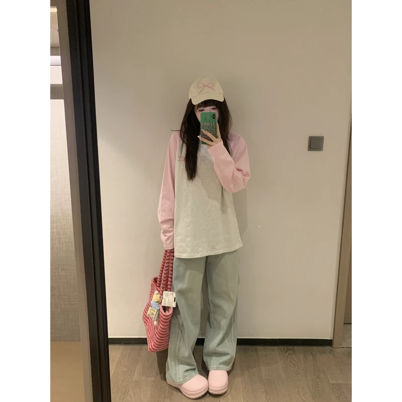 小沈美眉 春日调色盘 拼色插肩袖长袖T恤春夏圆领宽松显瘦上衣女