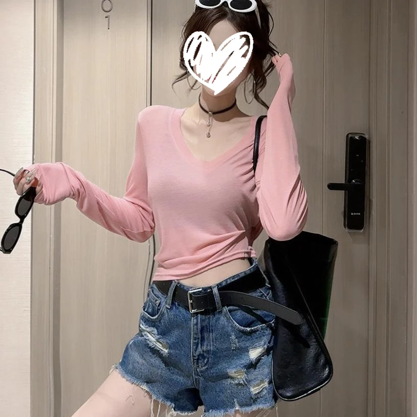 纯欲风性感V领纯色防晒T恤女2025夏季新款修身显瘦百搭长袖上衣潮