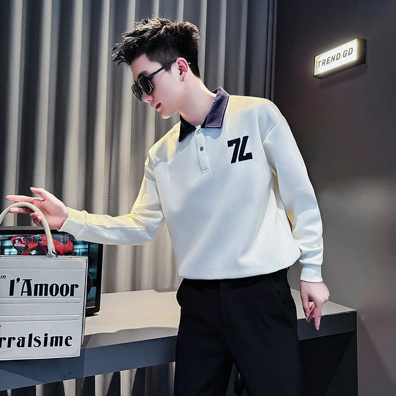 潮牌刺绣POLO领卫衣男士春秋季男装长袖t恤2025新款休闲百搭上衣