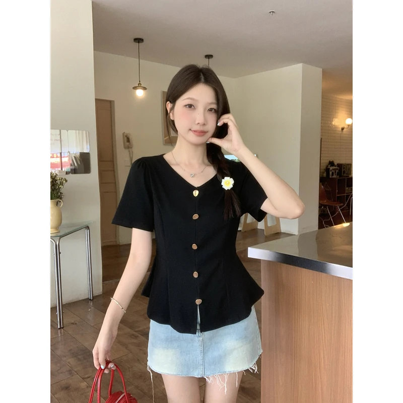 2025夏季新款胖mm大码纯欲V领正肩t恤收腰遮肉显瘦纯欲慵懒风女装