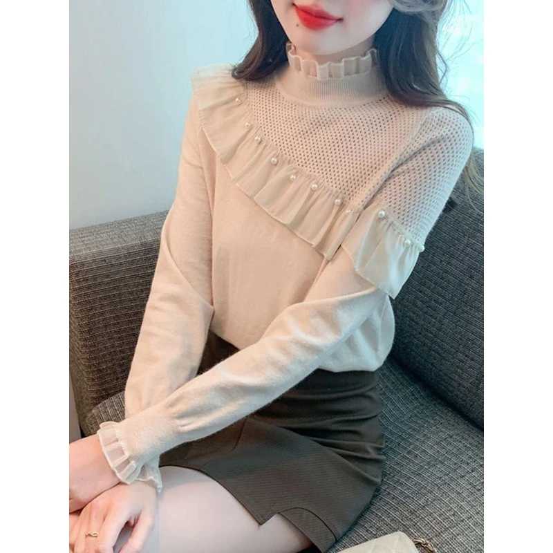 含羊毛女款半高领打底衫针织衫荷叶边洋气钉珠上衣宽松修身版女