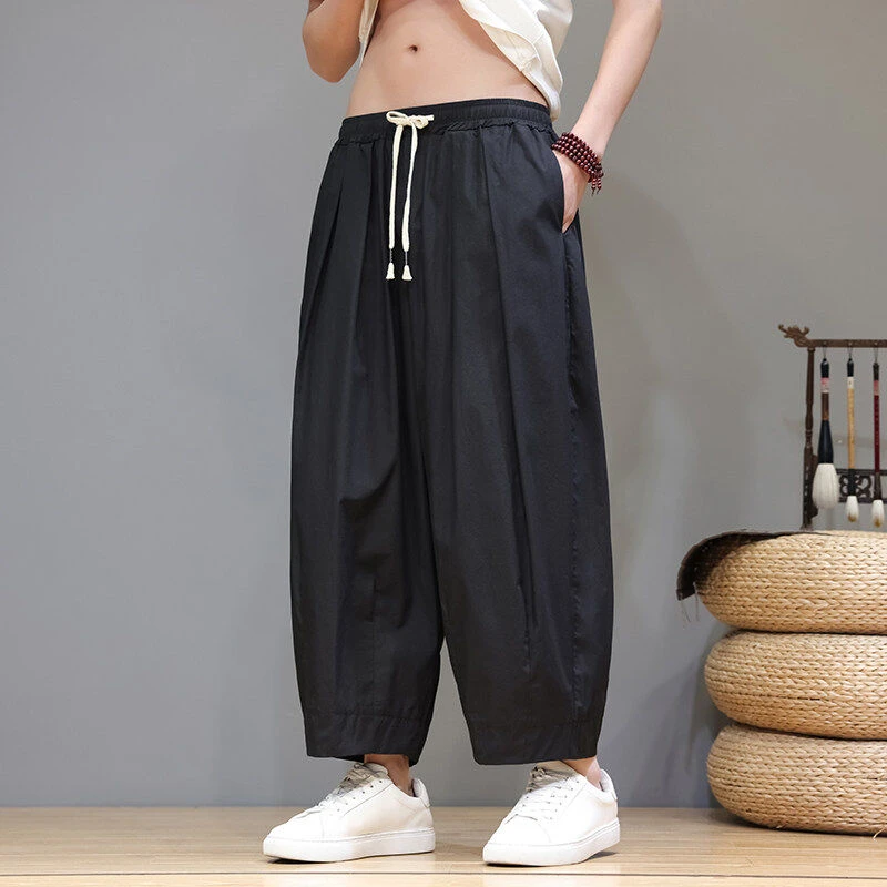 阔腿哈伦九分裤男潮牌夏季中国风休闲裤大码胖子宽松垂坠感直筒裤