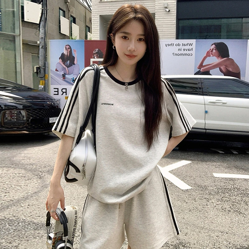 休闲运动服套装女夏大码夏季显瘦洋气短袖阔腿减龄两件套