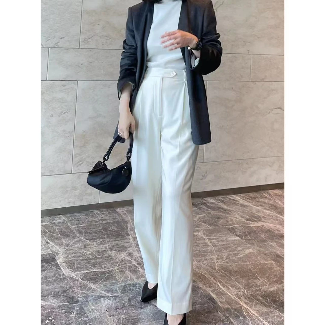 ZZ·DANGDANG秋冬通勤奶油白羊毛高腰显瘦西装长裤