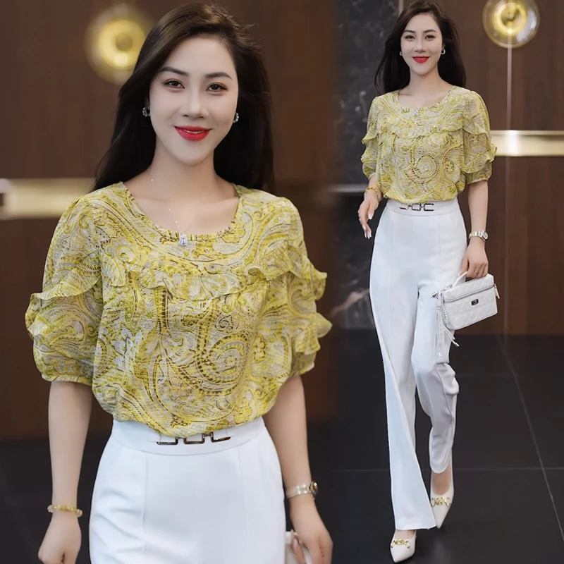 2025夏季新款时尚雪纺女衬衫轻奢高级感宽松设计感百搭短袖小衫潮