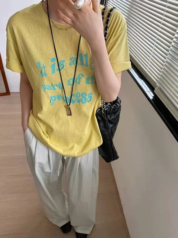 韩系字母印花圆领宽松短袖T恤50669  衣长60